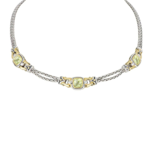 two tone Square Three green stone Station Necklace