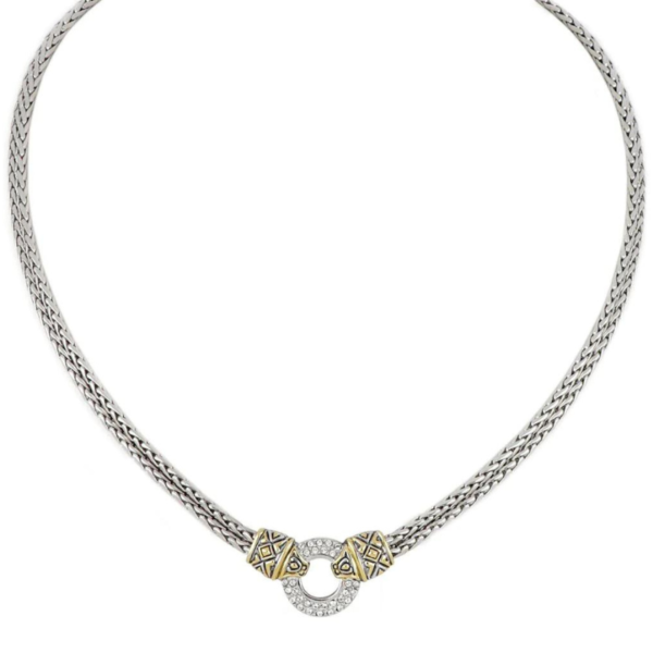 Two tone Antiqua Pave Circle Double Stand Necklace