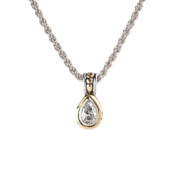 two tone 9x6mm CZ Pear Bezel Set Pendant Necklace handcrafted by john medeiros