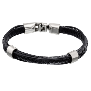Men’s braided brown leather bracelet with silver-plated metal pieces.