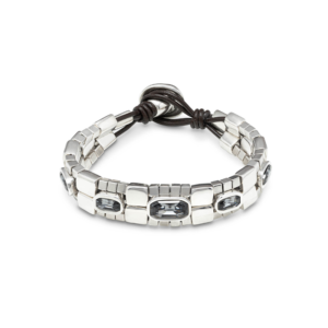 Silver and Leather Bracelet with grey crystals in line and button closure.