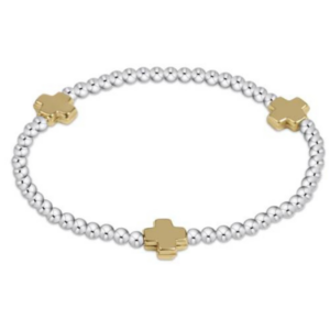 Extends Signature Cross Mixed Metal Pattern 3mm Bead Bracelet- Gold