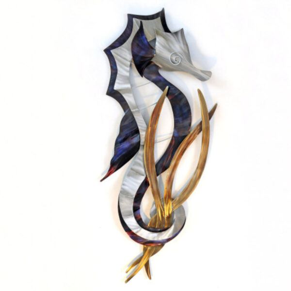 Seahorse Head Down (Right Facing) Blue and Silver with Tail Wrapped around seaweed stainless steel wall art