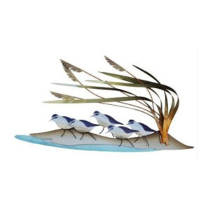 5 sandpipers on sand with weeds and water stainless steel wall art by mark malizia