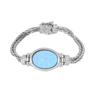 Blue Opal Large Oval-Shaped Stone Bracelet - Rhodium