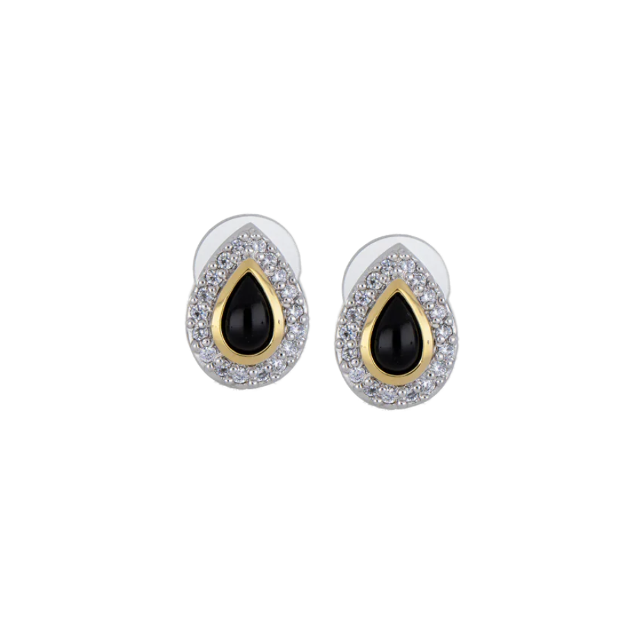 Black Onyx Pear-Shaped Post Earrings - With Pavé