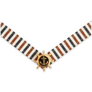 The Diana strap is a tan, black, and white stripe fabric strap with navy and gold ship wheel ornament.