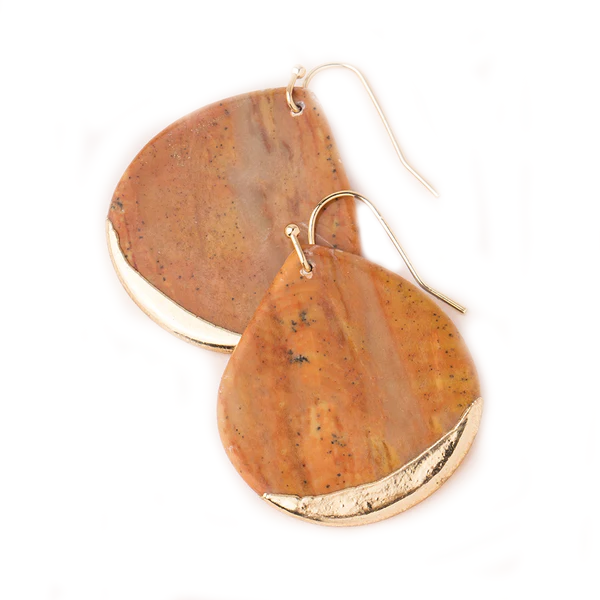 Stone Dipped Teardrop Earring - Petrified Wood/Gold