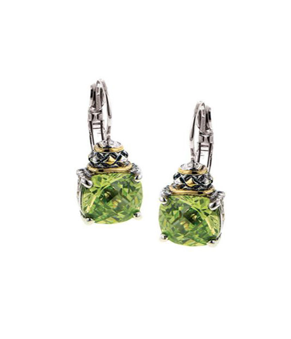 two tone Square Cut green stone French Wire Earrings