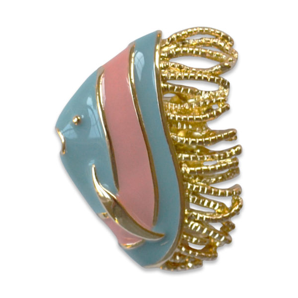 The Gabby snap is a coral and turquoise enamel fish snap on a gold base.