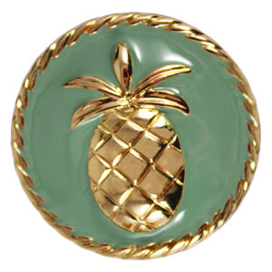 The Heather Snap is a blue enamel snap with gold pineapple.
