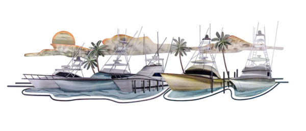 hawks nest 4 boats and a sunset background ocean coastal stainless steel wall art handcrafted by Mark Malizia