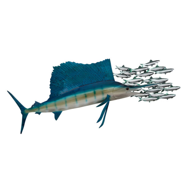 Throwing Shade sailfish chasing minnows ocean coastal stainless steel wall art handcrafted by Mark Malizia