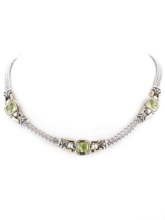 two tone Square Three green stone Station Necklace