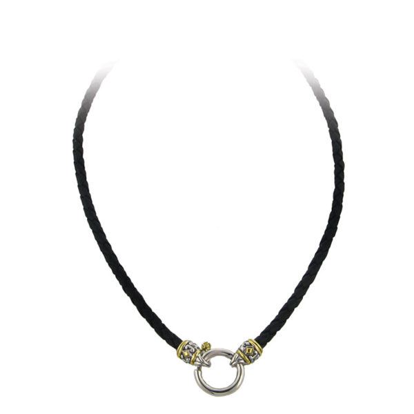 two tone Black Leather Necklace Spring Ring