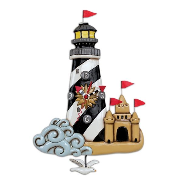 lighthouse and sand castle clock with sea gull pendulum