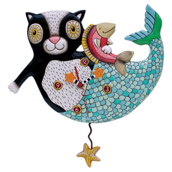 black and white cat with blue green mermaid tail holding pink fish and starfish pendulum