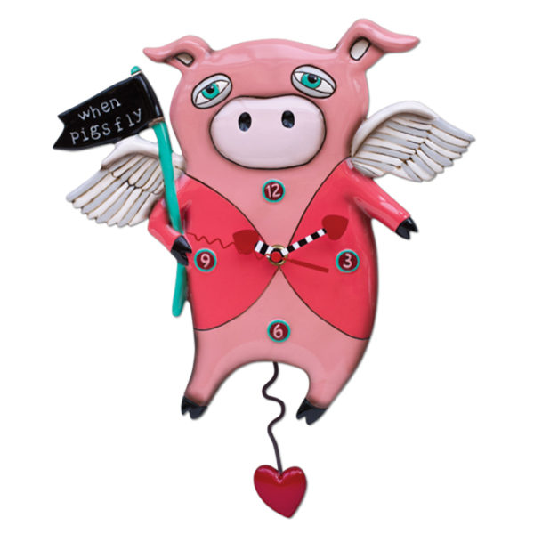 pink pig with wings holding flag that says when pigs fly and heart pendulum