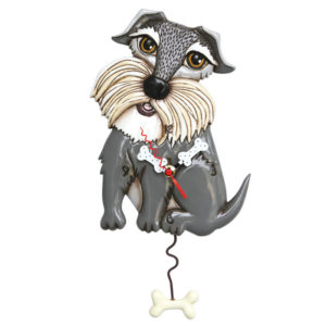 Grey Mini Schnauzer terrier with dog bone pendulum