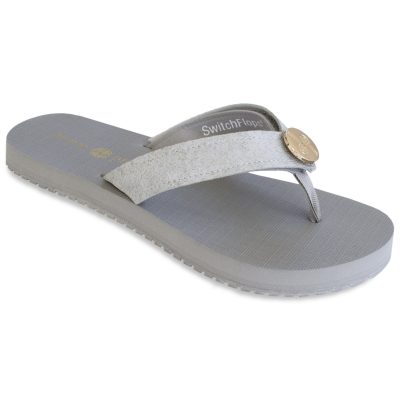 The Peyton Grey is a 3/4″ flip flop with cushioned yoga mat footbed, soft ribbon thong, and a leather like snakeskin signature strap.