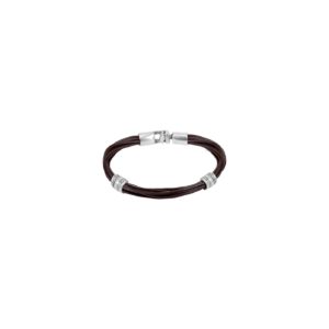Man and woman leather bracelet featuring two washers and a clasp in silver-plated metal alloy.