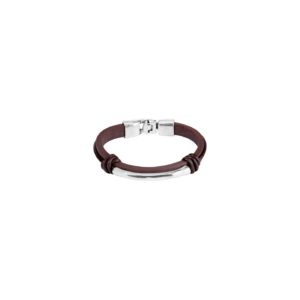 Brown leather man's bracelet with two knots and a silver-plated metal tube in the centre. Hook fastening.