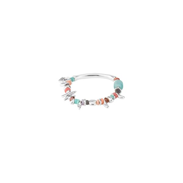 Elastic bracelet, boho chic style, composed of multiple silver-plated pieces and craft crystals in pastel tones. Includes small pieces dragonfly shaped and a tubular one in the middle. It also includes a charm with the characteristic padlock designed by UNOde50. A jewel made in Spain and 100% by hand. A jewel to wear at day.