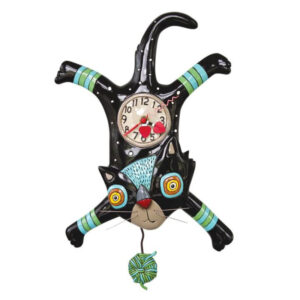 Introduced May 2021 Craft Attack (Cat) Clock from Allen Designs Crafted in High Quality Stone Resin Has a fun ball of yarn pendulum that adds charming movement to every room bright red hearts and checkerboard hands Designed by Michelle Allen 16.25 in H x 2 in W x 9.5 in L