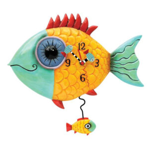 Wide-Eyed Fishy is on the lookout for nautical friends! Checking the time is fun with this colorful, swimming little chum. Our whimsical pendulum clocks add a unique burst of personality to any room! Introduced May 2021 Wide Eyed Fishy Clock from Allen Designs Crafted in High Quality Stone Resin This brightly colored fishy clock has his own mini fishy pendulum With his silly grin he is keeping his eye on you Designed by Michelle Allen 13.5 in H x 2 in W x 13 in L