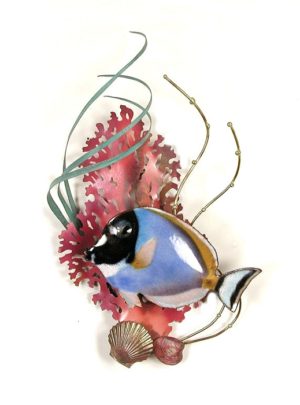 Powder Blue Surgeonfish and red Coral copper wall art by bovano of cheshire